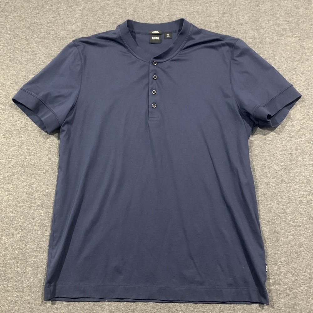 Hugo Boss Men's Slim Fit Mercerised Navy Blue Henley Shirt Size XXL (RUNS SMALL)